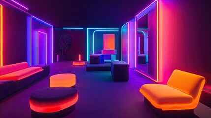 Poster - Glowing neon-lit room with black walls, featuring neon furniture and modern design.