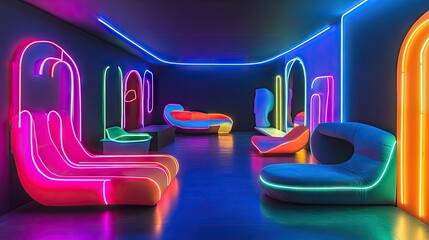 Poster - Glowing neon-lit room with black walls, featuring neon furniture and modern design.