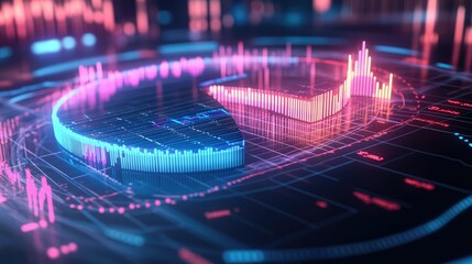 Poster - Glowing segments in a 3D financial pie chart, showcasing market data with a radiant effect.