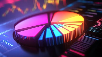 Poster - Glowing segments in a 3D financial pie chart, showcasing market data with a radiant effect.