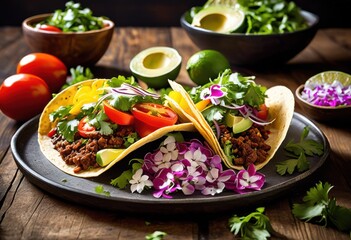 Sticker - vibrant taco spread featuring colorful ingredients more delicious feast, avocado, tomatoes, lettuce, cilantro, onion, peppers, cheese, salsa, guacamole