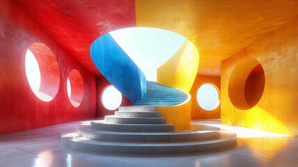 Poster - modern design with bright geometric shapes and a large circular window.