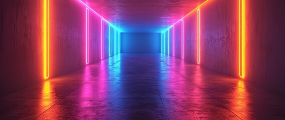 Poster - the hallway is illuminated with pink and blue neon lights, reflecting a creative and dynamic setting
