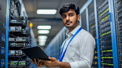Poster - In the data center, a system administrator ensures that databases are secure and available for use. A computer technician updates the server room supercomputers' systems.