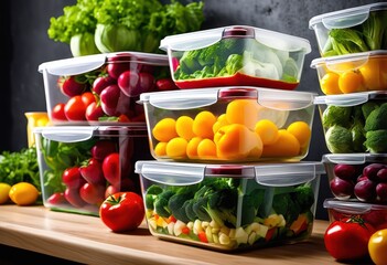 Wall Mural - vibrant food storage solutions featuring fresh meals clear containers preserve freshness showcase deliciousness, airtight, prep, colors, ingredients, colorful