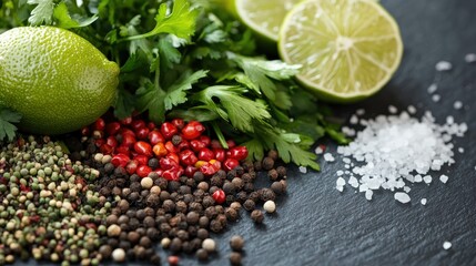 Green herbs with a colorful variety of pepper seeds, lime, and salt on a slate table, showcasing the essentials of flavorful cooking.