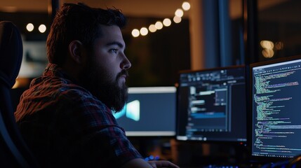 Aufkleber - Freelancer using augmented reality technology to visualize programming parameters. Remote worker working at home using augmented reality technology.