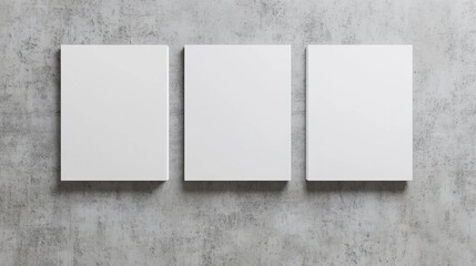 Poster - This mockup template features three white A4 paper sheets on a gray background. It is a high resolution 3D render. Featuring a soft shadow.