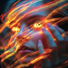 Poster - In this abstract light trail animation, a person's hand is shown outstretched, creating a dynamic and ethereal effect.