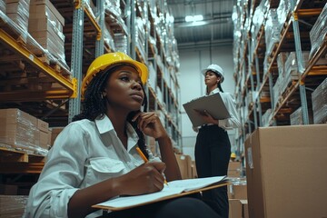 Poster - Diverse warehouse employees inspect the goods inventory report while preparing customer orders. The storage room team uses cardboard boxes for shipping in the warehouse.