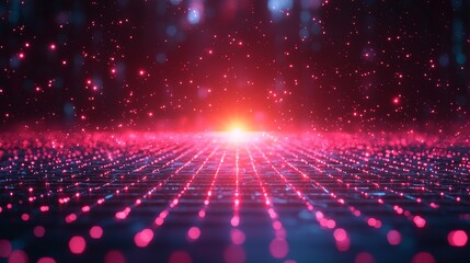 Poster - With glowing particles and dynamic light beams, this digital landscape displays modern technology and innovation.