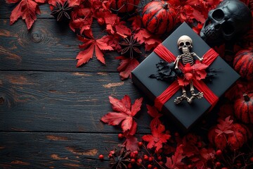 Canvas Print - An orange tulip and maple leaf decorate the table top of this Happy Halloween festival sign. A rustic wooden background contains a space for you to add text information.