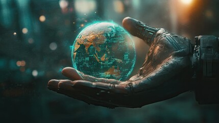 Poster - Hands of a robot and a human cradling a digital world with holographic continents and data. -