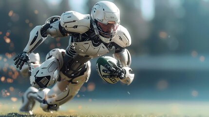 Robot Rugby Player Charging: A robust robot rugby player charging forward with the ball, evading tackles.
