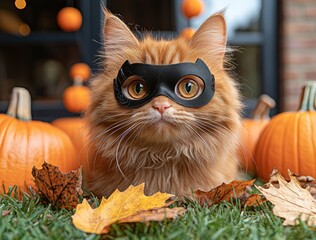 Canvas Print - Laughable adult Maine Coon cat in halloween mask sitting on autumn grass with pumpkin