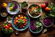 © Yaraslava - colorful vegan dishes arranged aesthetically rustic natural setting fresh ingredients eye catching presentation, appetizing, artisan, bowl, cuisine, cooking, dining