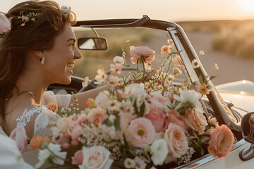 Wall Mural - Joyful bride driving convertible filled with flowers at sunset