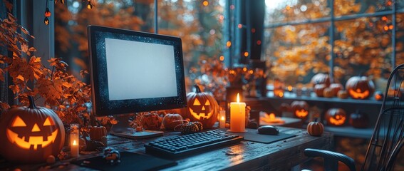 Sticker - A modern home living room with a workstation at Halloween night with a mockup of a computer