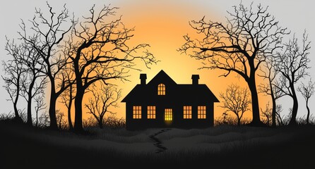 Poster - A spooky Halloween house with a silhouette of a ghostly figure