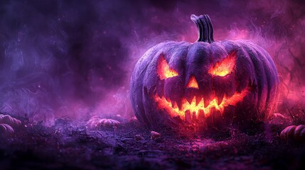 Poster - The illustration shows a graveyard with a pumpkin, in purple.