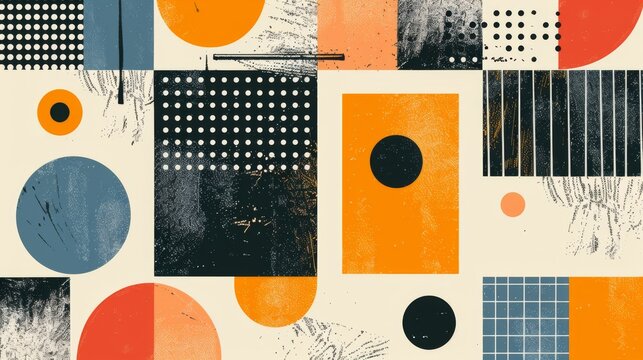 A clean and minimalistic geometric design with Scandinavian colors, using abstract shapes like rectangles and circles
