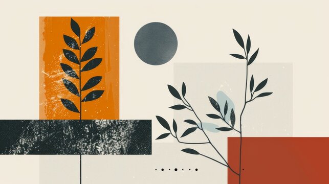 A clean and minimalistic geometric design with Scandinavian colors, using abstract shapes like rectangles and circles