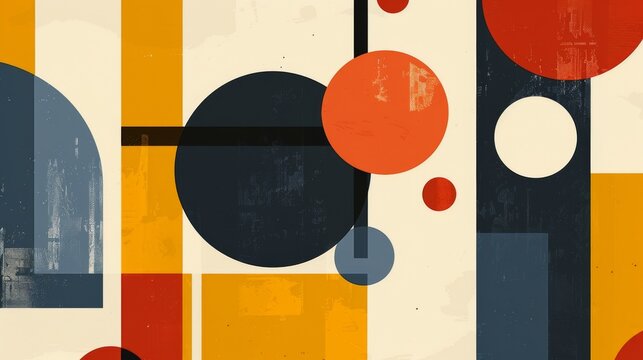 A clean and minimalistic geometric design with Scandinavian colors, using abstract shapes like rectangles and circles