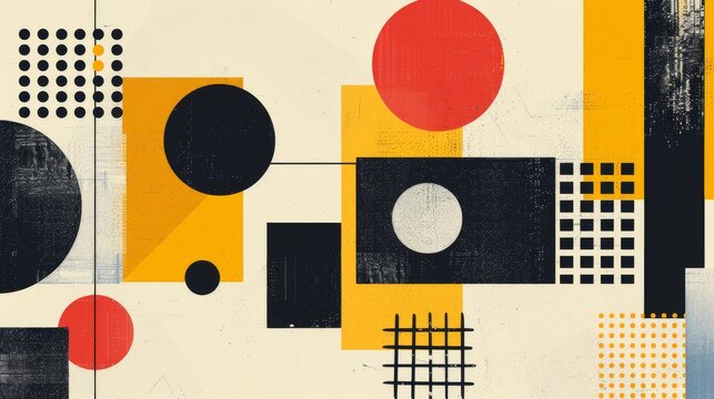 A clean and minimalistic geometric design with Scandinavian colors, using abstract shapes like rectangles and circles