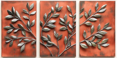 Set of 3 wall art panels with 3D wall carved art of olive branches with silver-green leaves on a warm terracotta background, close up, split into three on white background, wall sculpture