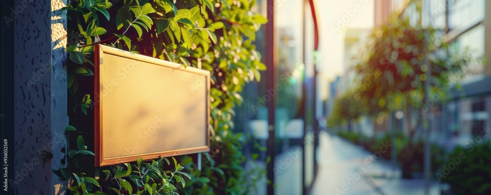 Urban environment using square wooden framed signs hanging from metal ...