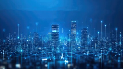 Poster - Internet speed Data communication connection network frame Modern industrial skyline city structure, city internet of things concepts wireless technology information system, abstract blue background