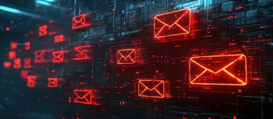 Wall Mural - Futuristic Digital Email Communication Concept with Glowing Red Icons on a Dark Background