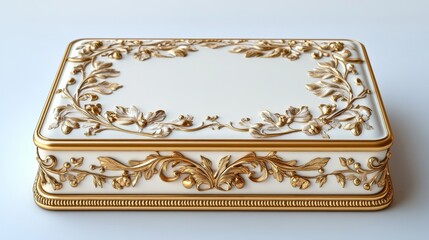 Elegant Gold Decorative Box with White Background Featuring Delicate Botanical Foliage and Fine Lines, Symmetrical Composition, and Intricate Border Design in High Definition