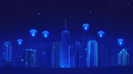Poster - Modern buildings in blue tone with wifi icons connection, network communication in smart city