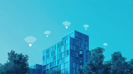 Poster - Modern buildings in blue tone with wifi icons connection, network communication in smart city