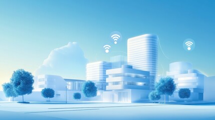 Poster - Modern buildings in blue tone with wifi icons connection, network communication in smart city
