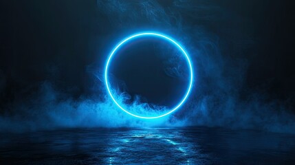 Poster - Neon blue color geometric circle on a dark background. Round mystical portal. Mockup for your logo. Futuristic smoke. Mockup for your logo. -