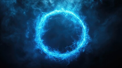 Poster - Neon blue color geometric circle on a dark background. Round mystical portal. Mockup for your logo. Futuristic smoke. Mockup for your logo. -
