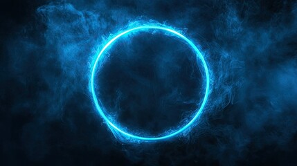 Poster - Neon blue color geometric circle on a dark background. Round mystical portal. Mockup for your logo. Futuristic smoke. Mockup for your logo. -