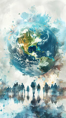 Poster - People Analyzing Watercolor Earth and Climate Change Charts on Whimsical Background   Creative Environmental Awareness Concept