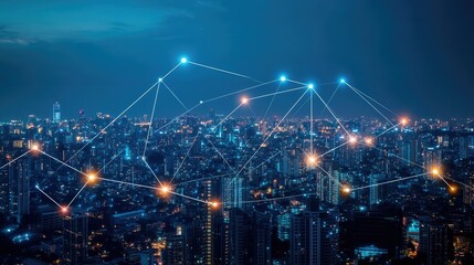 Poster - Network connection line between building over of cityscape background network and connection concept -
