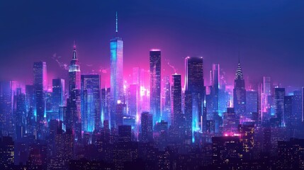 Poster - Night city skyline with neon glow. Illustration with architecture, skyscrapers, megapolis, buildings, downtown. -