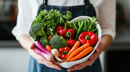 Nutritionist holding a heart-shaped dish with a variety of fresh, healthy vegetables.