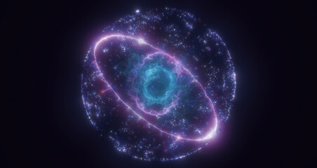 Poster - A brilliant purple sphere with glowing circular trails and particles, radiating light, energy, and cosmic mystery
