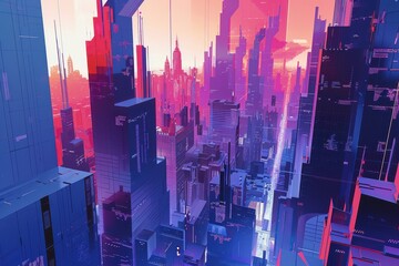 Wall Mural - A Futuristic Cityscape with Tall Buildings and Neon Lights