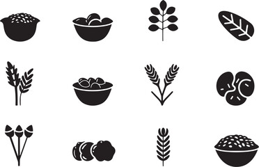 A minimalist vector icon set with a dietary fiber, whole grains, meal timing, and energy balance