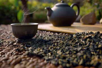 Poster - A steaming cup of tea on a traditional tea tray, surrounded by loose leaf tea.