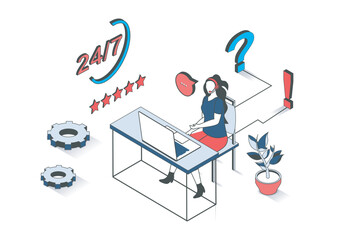 Poster - Technical support 3d isometric concept with isometry people design for web. Woman in headset answering calls and online messages, consulting clients and solving tech problems. Vector illustration.