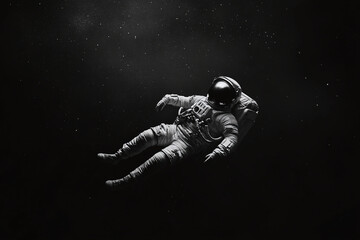 an astronaut floating in space in black and white photography in blak backgraund