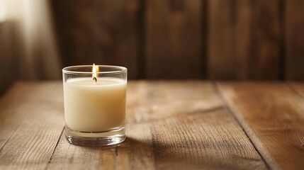 Wall Mural - Single White Candle in a Glass Holder on Clean Wooden Surface